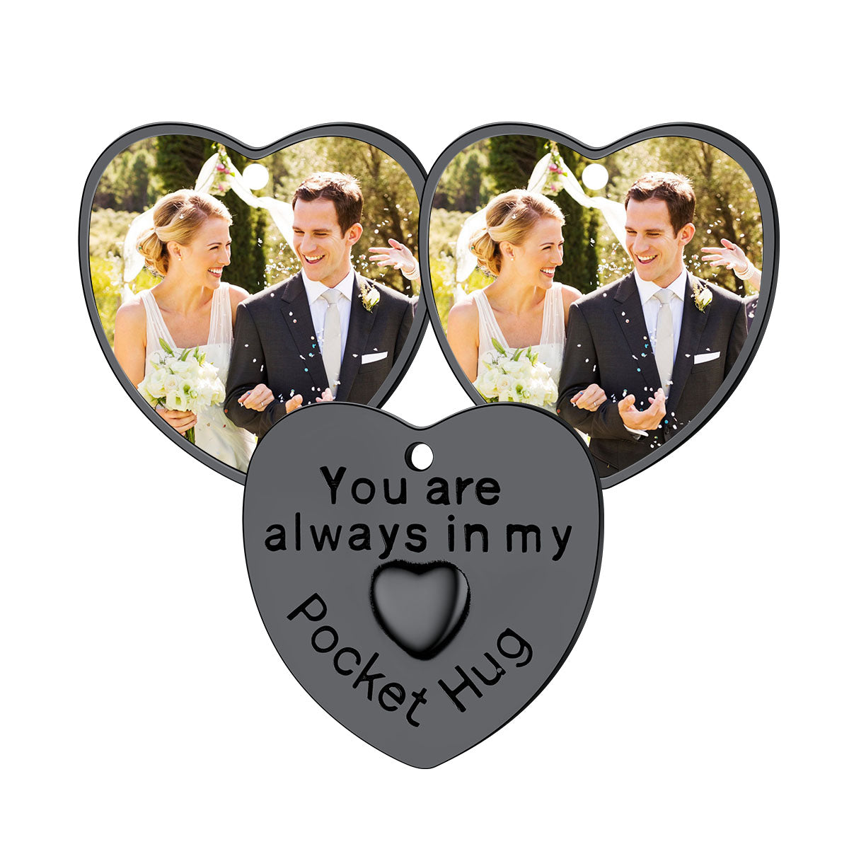 Photo Heart Wedding Coins Pocket Hug Keychain Holder 3 pcs Black Plated