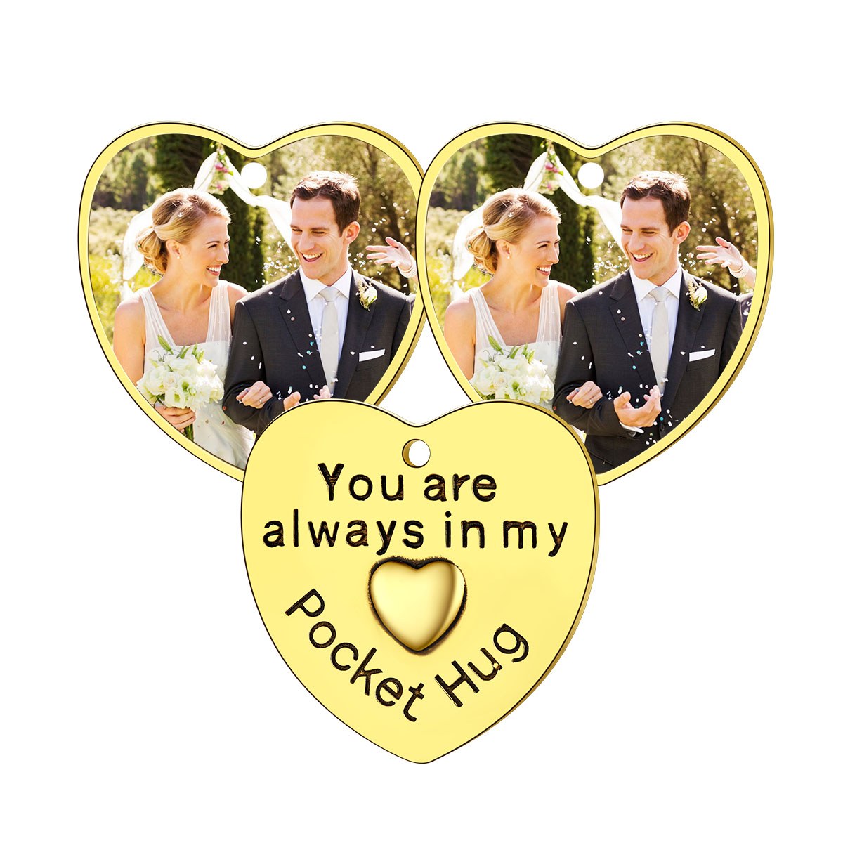 Photo Heart Wedding Coins Pocket Hug Keychain Holder 3 pcs Gold Plated