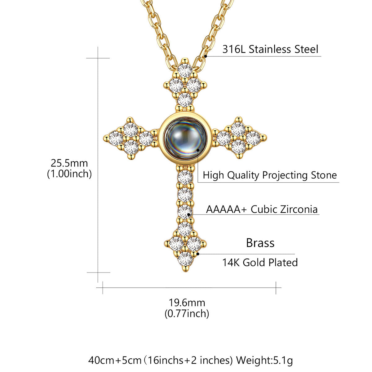 Photo Projection CZ Cross Necklace Dimension, Durable