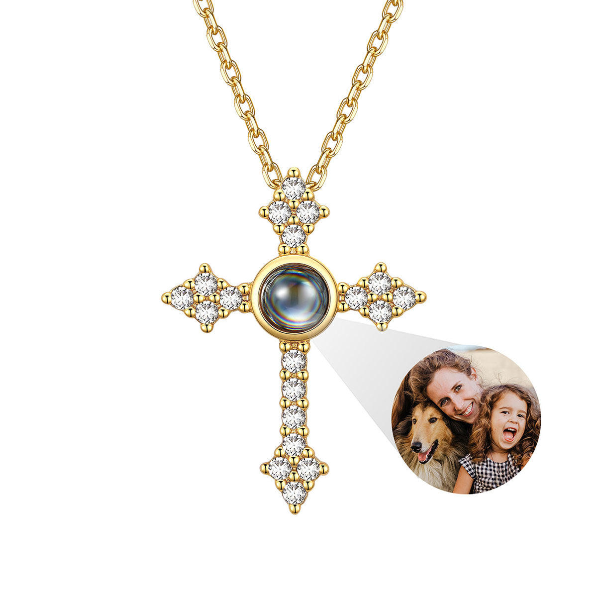 Photo Projection CZ Cross Necklace Gold Plated
