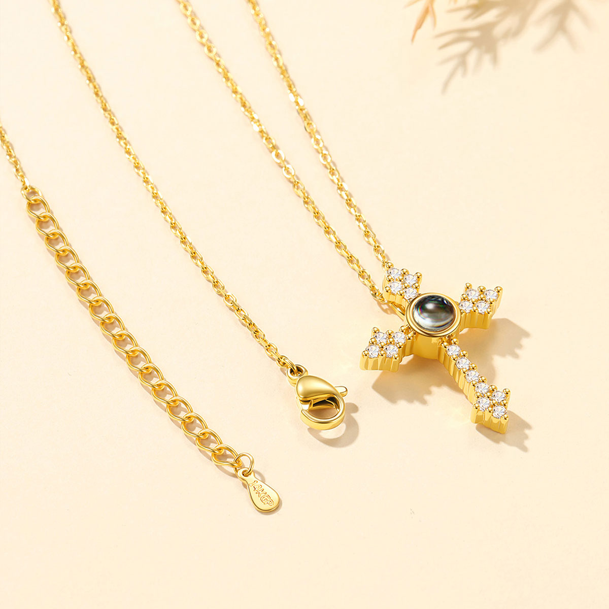 Photo Projection CZ Cross Necklace in Gold Plated