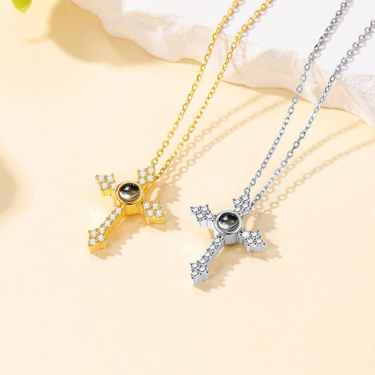 Photo Projection CZ Cross Necklace in different color