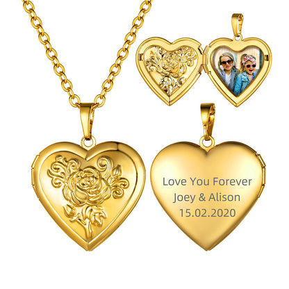 Photo Rose Heart Locket Necklace in Gold Plated