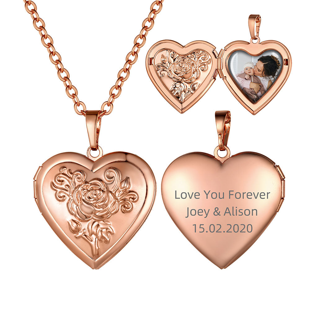 Photo Rose Heart Locket Necklace in Rose Gold Plated