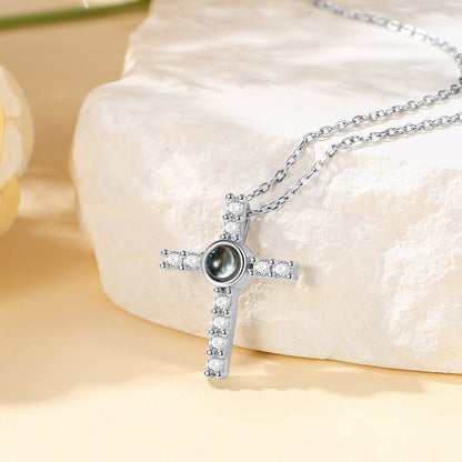 Picture Projection CZ Cross Necklace in White Gold