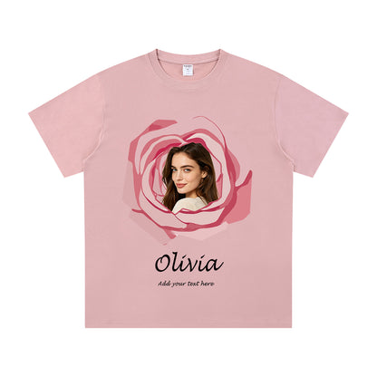 Pink Rose Custom Photo Text Couple T Shirt Gift for Him & Her 