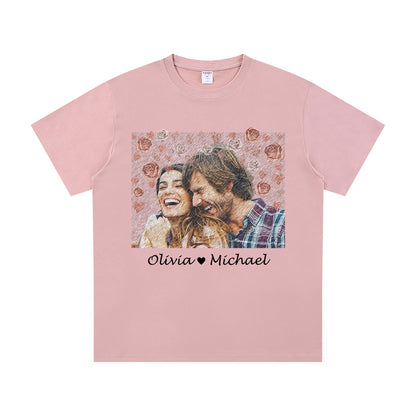 Pink White Custom Retro Photo Text Couple T Shirt  Vintage Personalized Gift for BFF