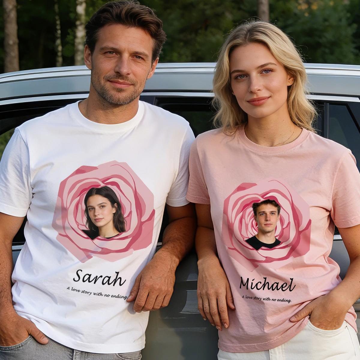 Pink and white Rose Custom Photo Text Couple T Shirt Gift for Him & Her