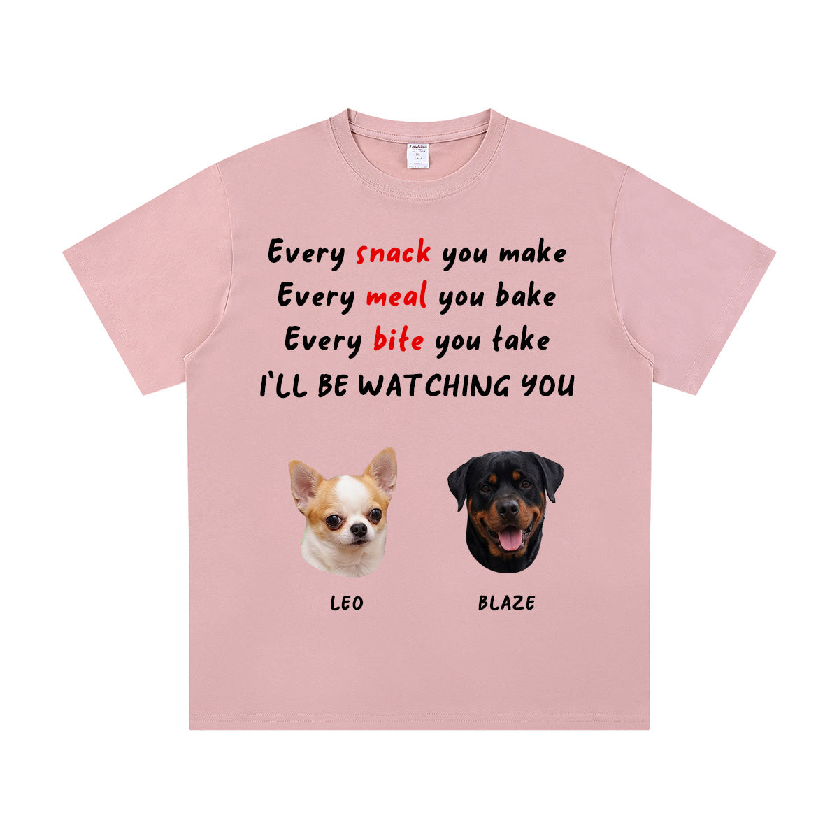 Pink t-shirt with 2 dog-themed text and images on a white background