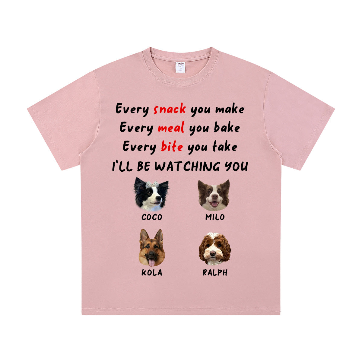 Pink t-shirt with 4 dogs illustrations and text on a white background