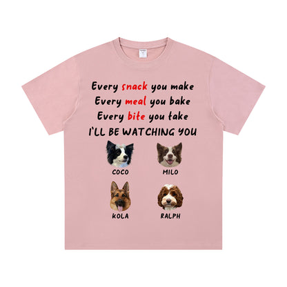 Pink t-shirt with 4 dogs illustrations and text on a white background