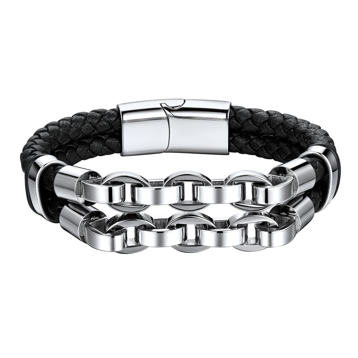 Punk Stainless Steel Chain Double Row Leather Bracelet on a white background