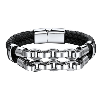 Punk Stainless Steel Chain Double Row Leather Bracelet on a white background