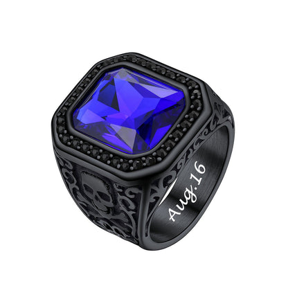 Punk X Bone Skull Blue Gemstone Ring Black Plated