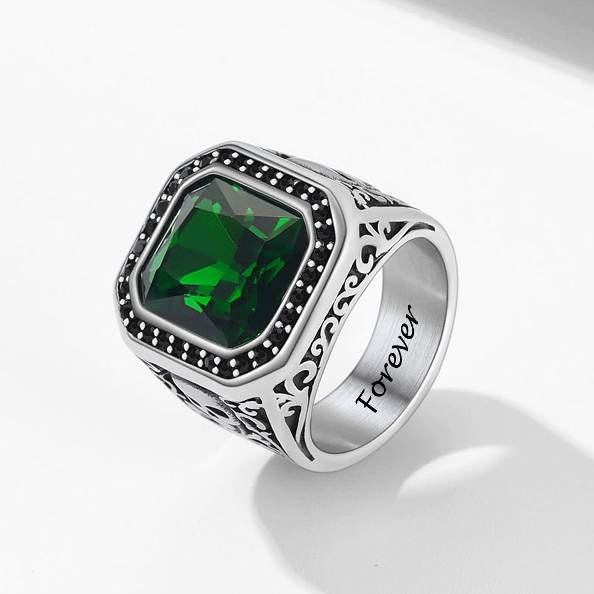 Punk X Bone Skull Gemstone Ring Emerald Green Stone