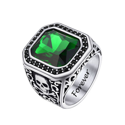 Punk X Bone Skull Green Gemstone Ring Black Plated