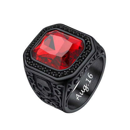 Punk X Bone Skull Red Gemstone Ring Black Plated