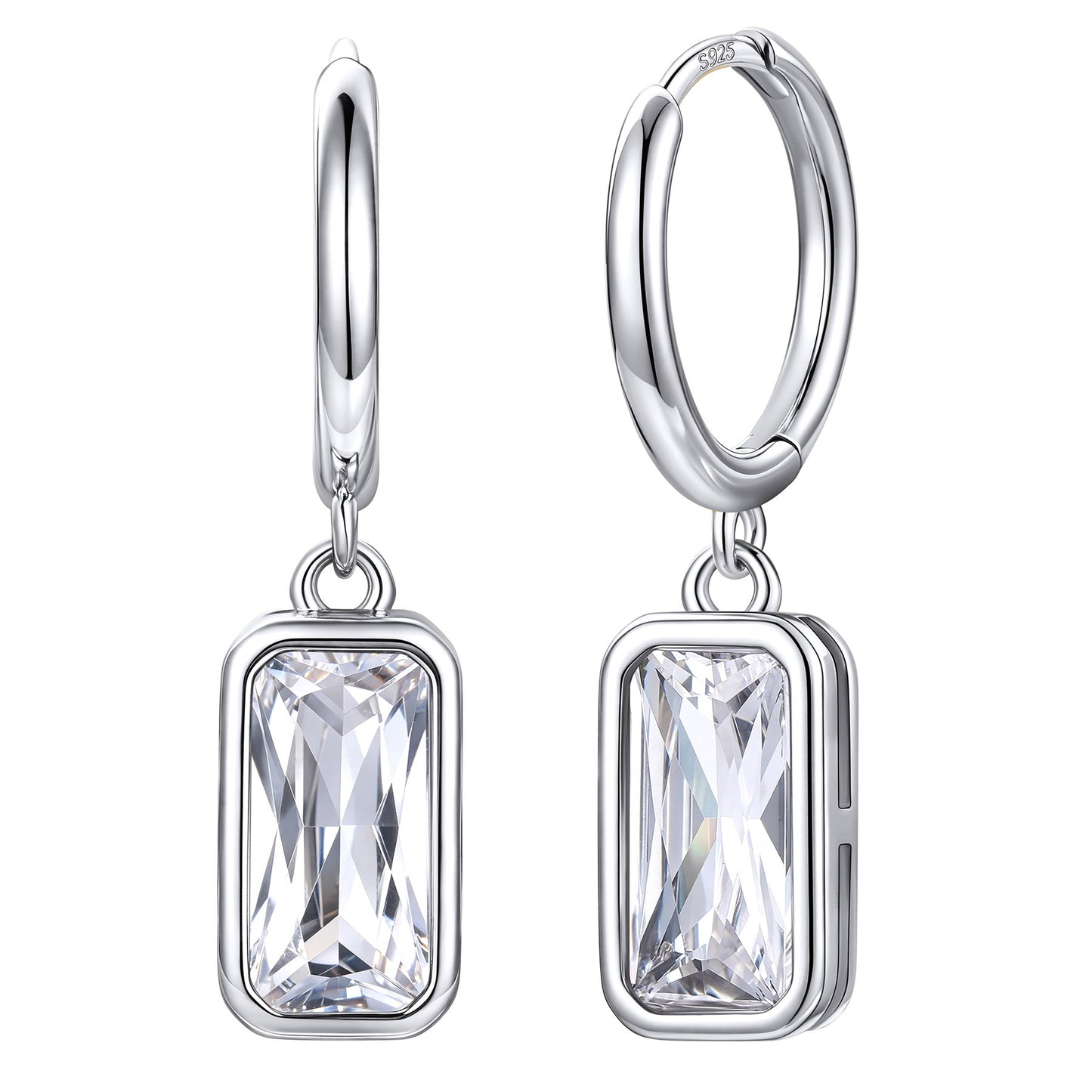 Rectangular Baguette‑Cut April Birthstone Huggie Dangle Earrings on a white background