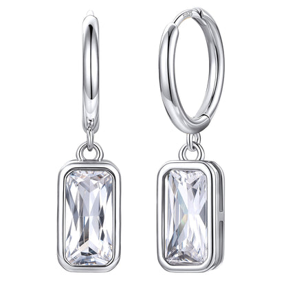 Rectangular Baguette‑Cut April Birthstone Huggie Dangle Earrings on a white background