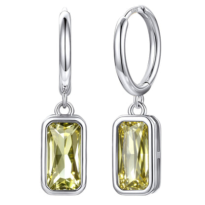 Rectangular Baguette‑Cut August Birthstone Huggie Dangle Earrings on a white background