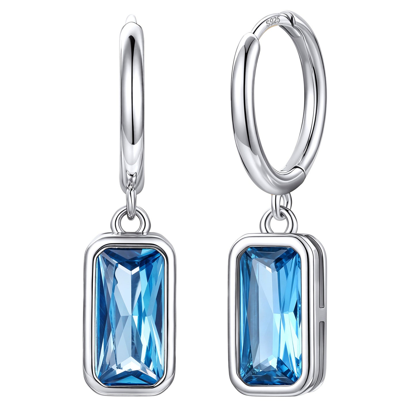 Rectangular Baguette‑Cut December Birthstone Huggie Dangle Earrings on a white background