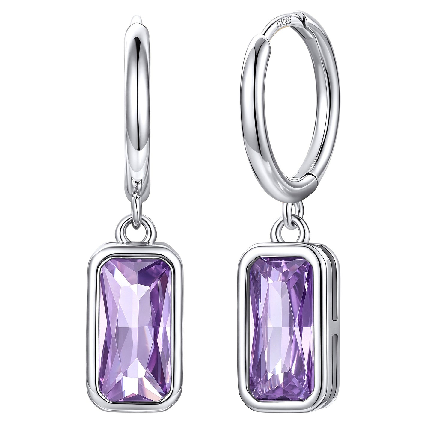 Rectangular Baguette‑Cut February Birthstone Huggie Dangle Earrings on a white background