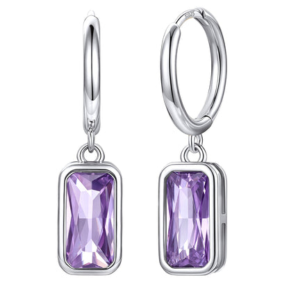Rectangular Baguette‑Cut February Birthstone Huggie Dangle Earrings on a white background