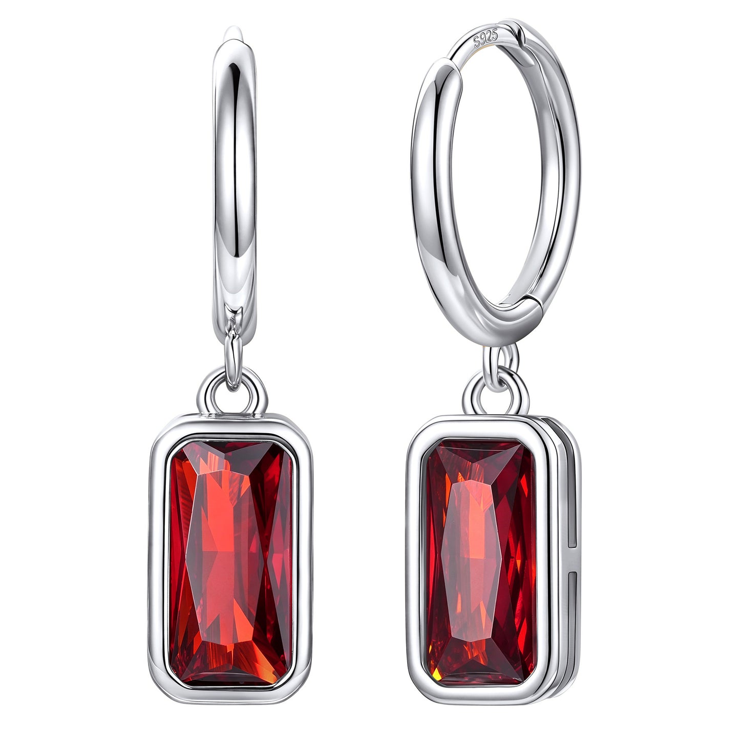 Rectangular Baguette‑Cut January Birthstone Huggie Dangle Earrings on a white background
