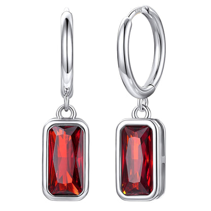 Rectangular Baguette‑Cut January Birthstone Huggie Dangle Earrings on a white background