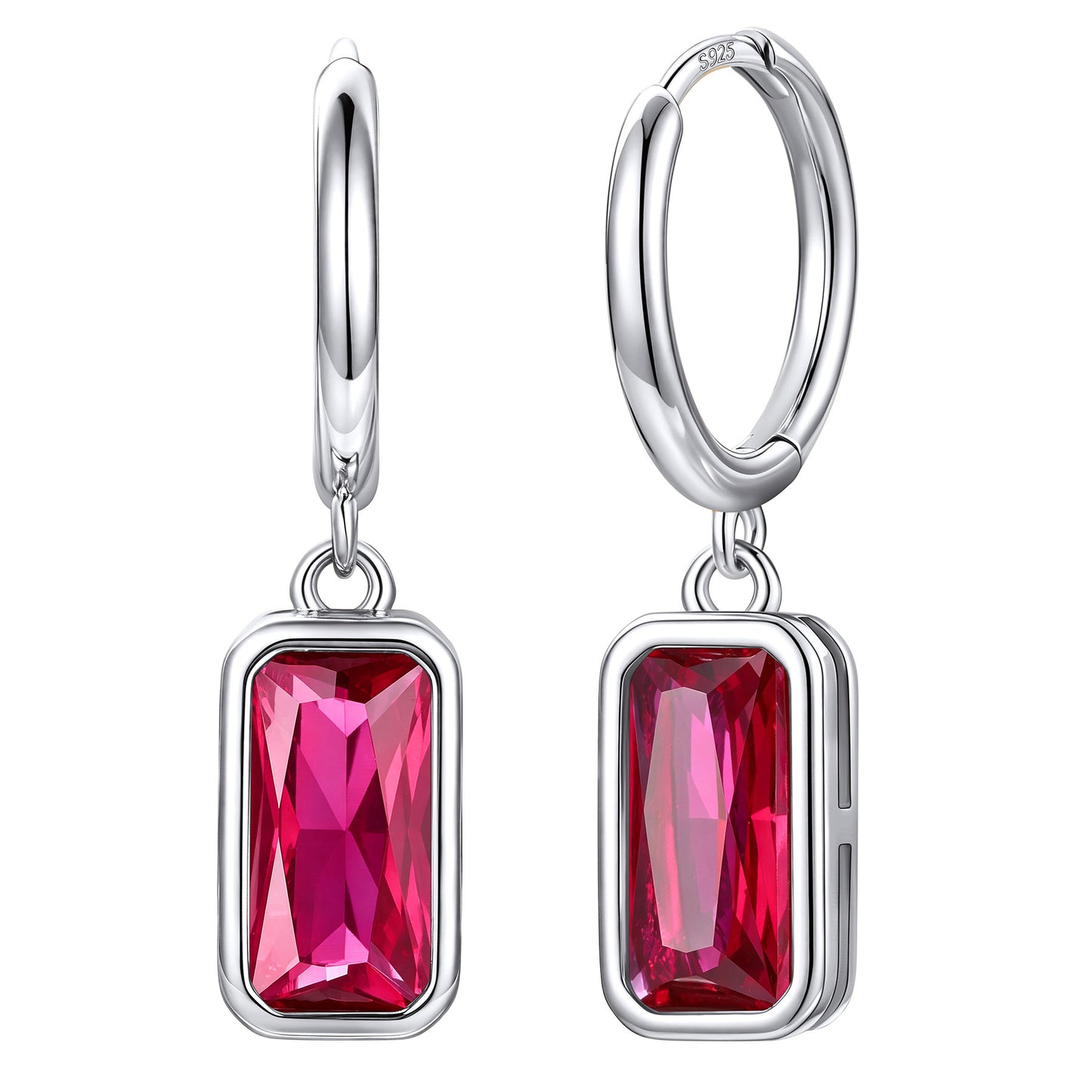 Rectangular Baguette‑Cut July Birthstone Huggie Dangle Earrings on a white background
