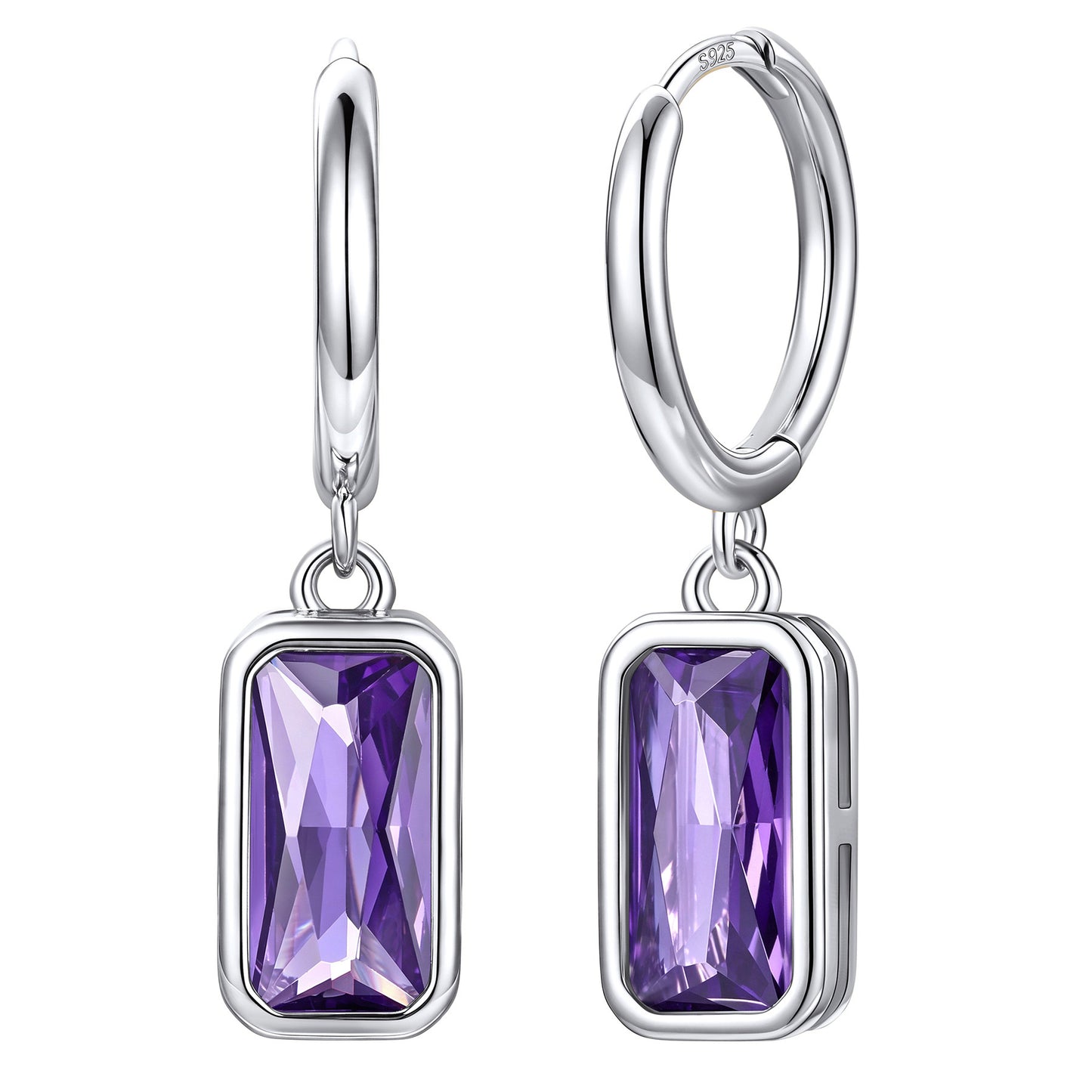 Rectangular Baguette‑Cut June Birthstone Huggie Dangle Earrings on a white background