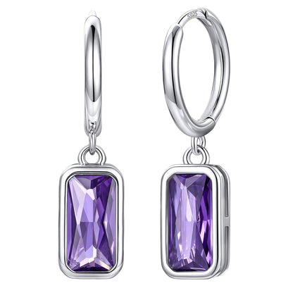 Rectangular Baguette‑Cut June Birthstone Huggie Dangle Earrings on a white background