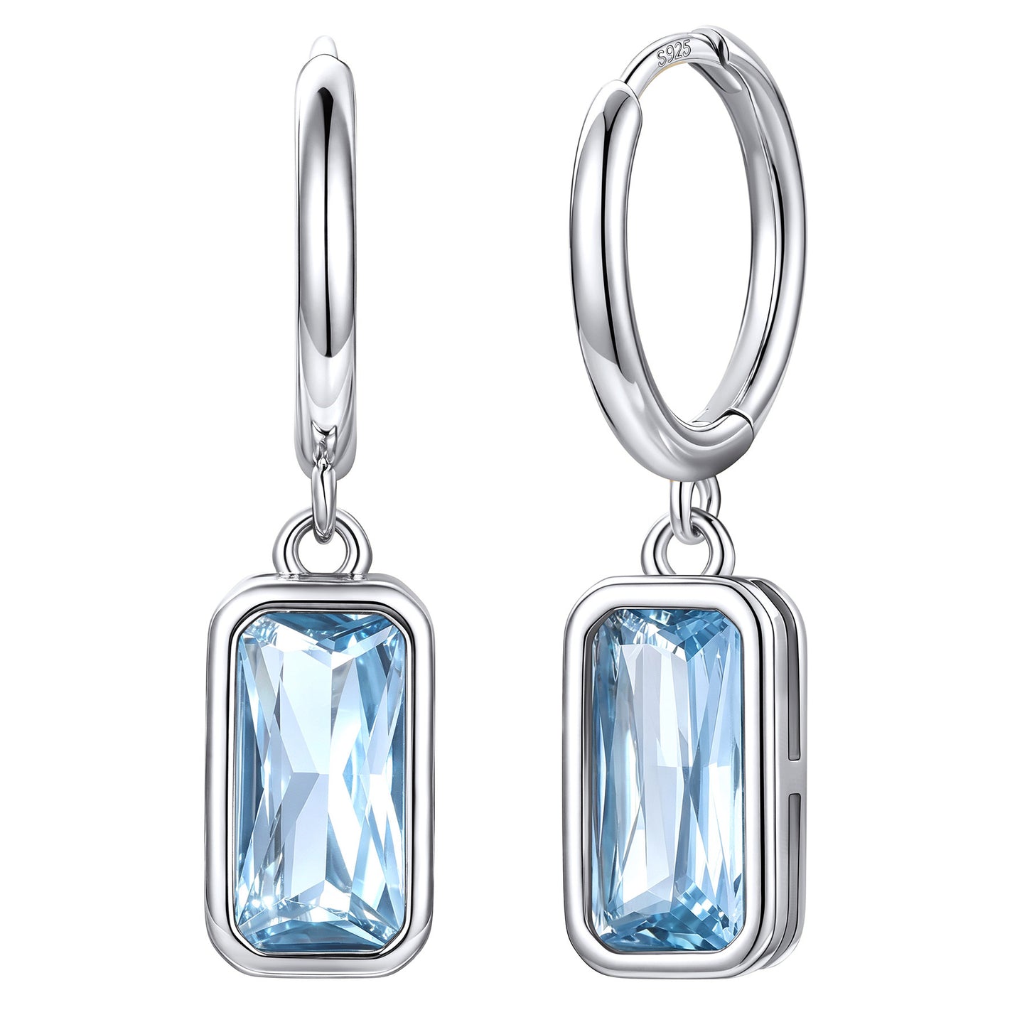 Rectangular Baguette‑Cut March Birthstone Huggie Dangle Earrings on a white background