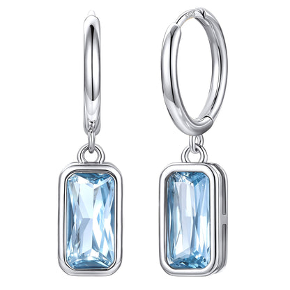 Rectangular Baguette‑Cut March Birthstone Huggie Dangle Earrings on a white background