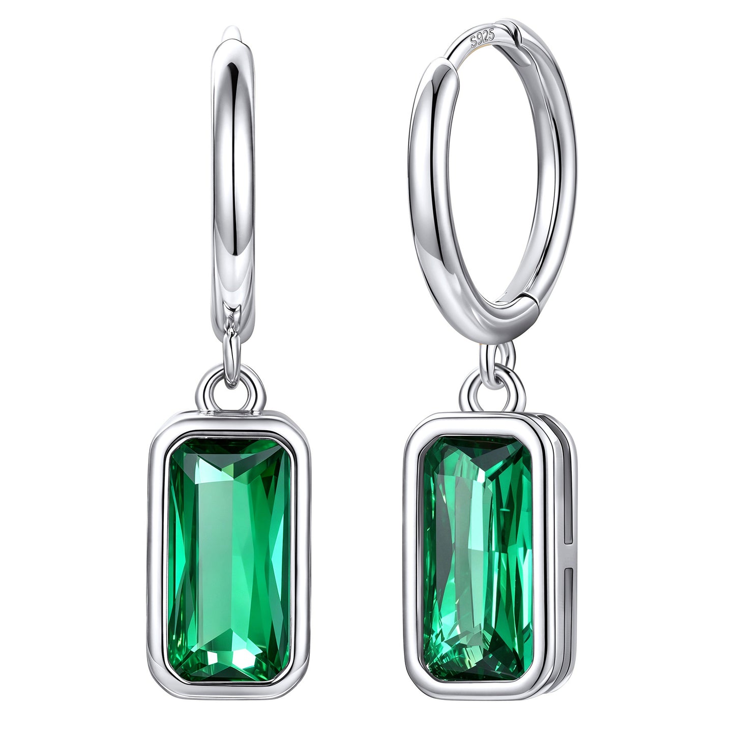 Rectangular Baguette‑Cut May Birthstone Huggie Dangle Earrings on a white background