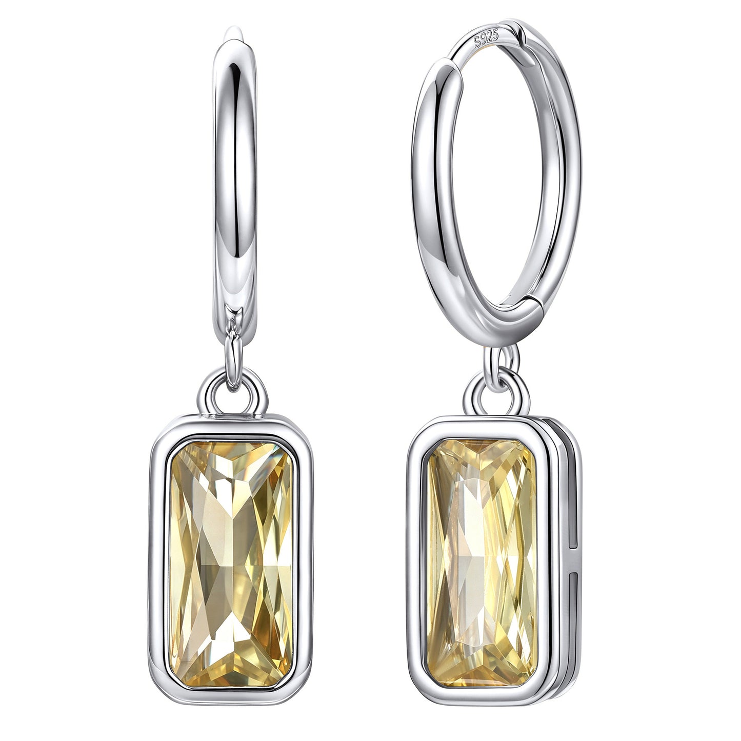 Rectangular Baguette‑Cut November Birthstone Huggie Dangle Earrings on a white background