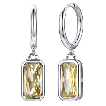 Rectangular Baguette‑Cut November Birthstone Huggie Dangle Earrings on a white background