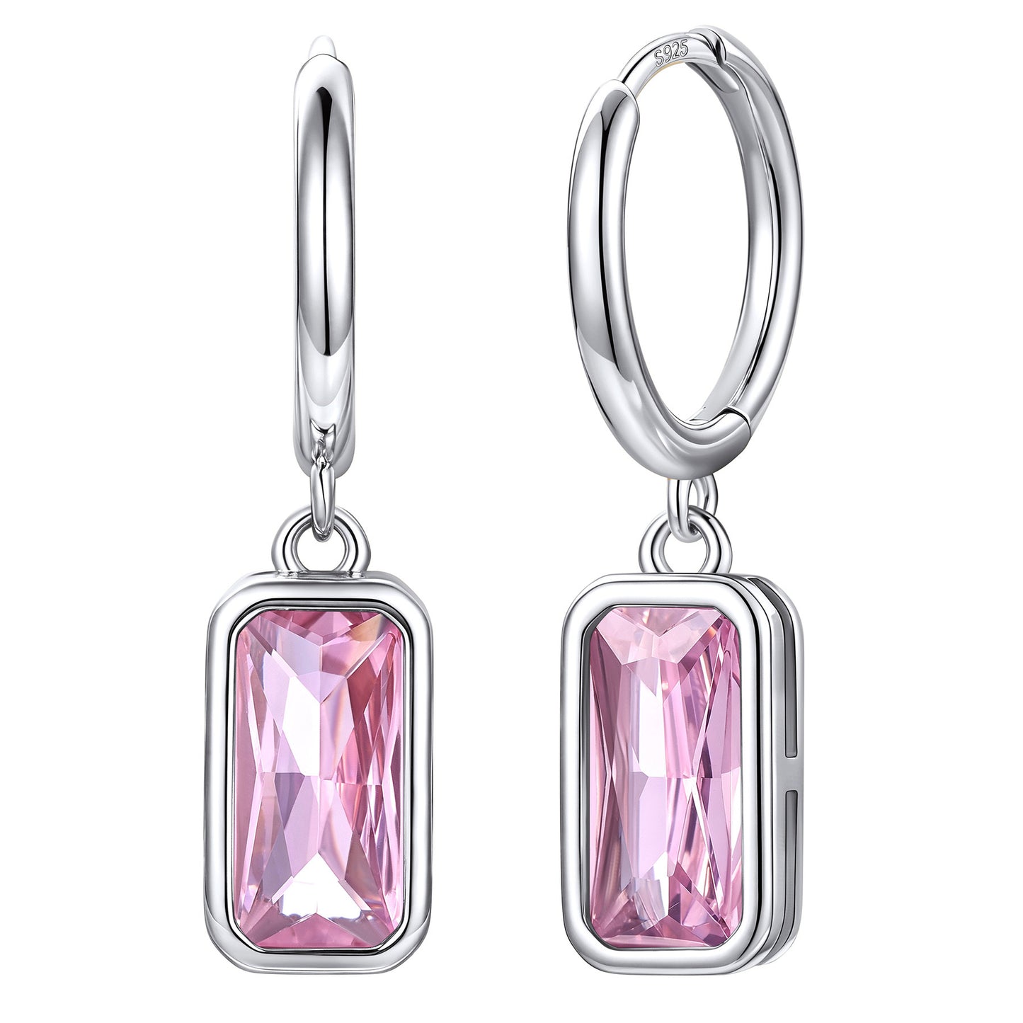 Rectangular Baguette‑Cut October Birthstone Huggie Dangle Earrings on a white background