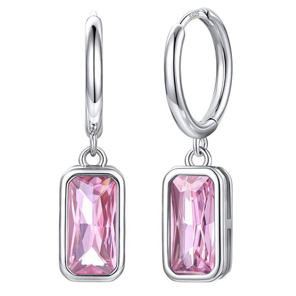 Rectangular Baguette‑Cut October Birthstone Huggie Dangle Earrings on a white background