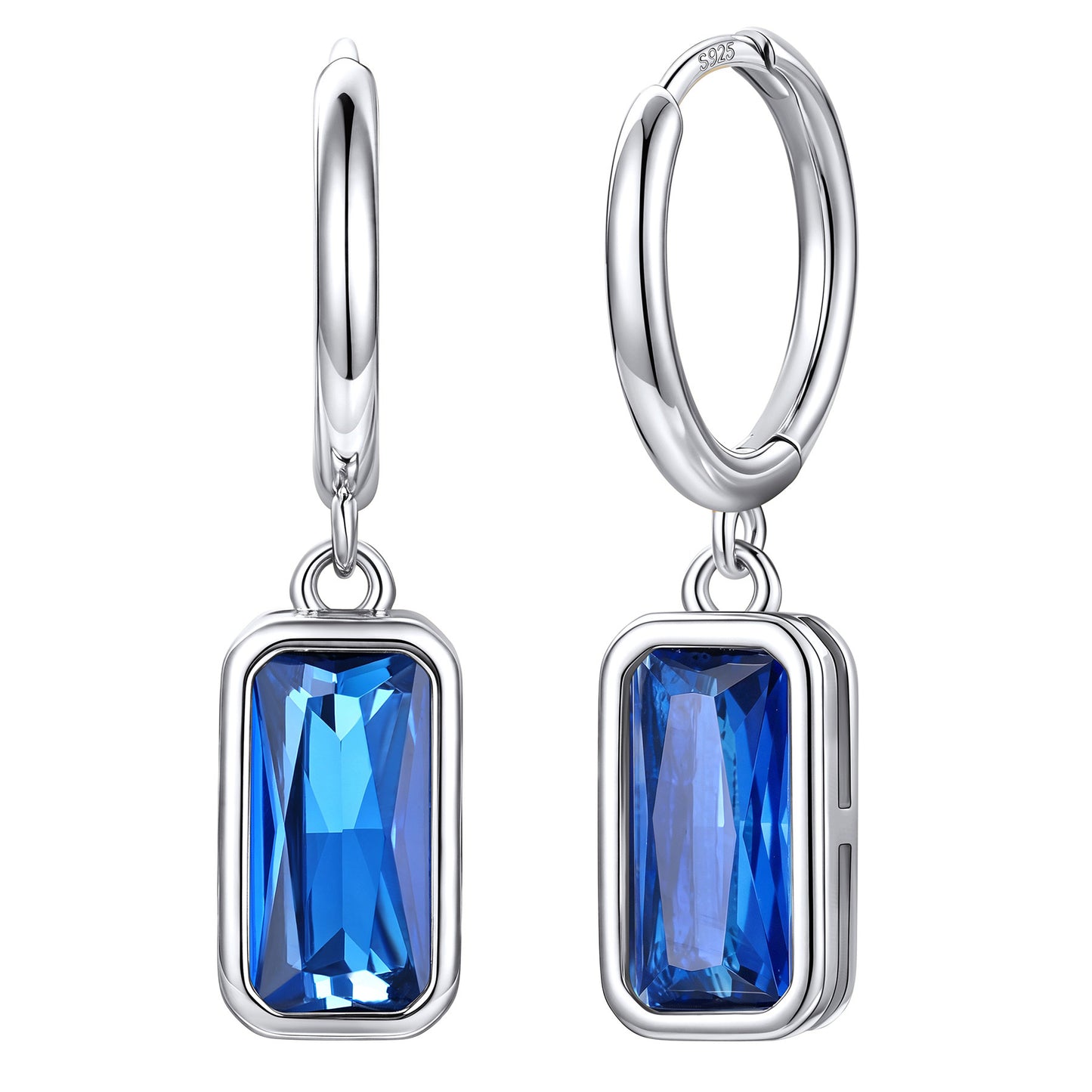 Rectangular Baguette‑Cut September Birthstone Huggie Dangle Earrings on a white background