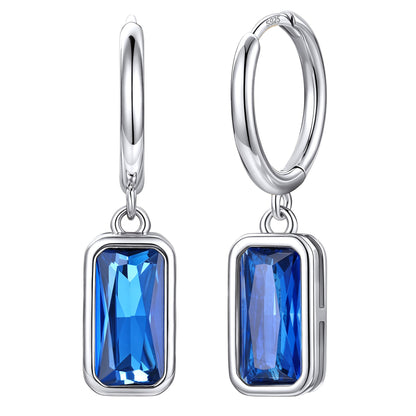 Rectangular Baguette‑Cut September Birthstone Huggie Dangle Earrings on a white background