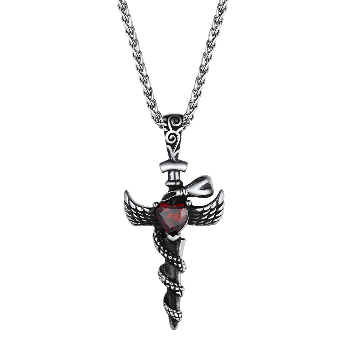 Red CZ Snake Wing Cross Necklace