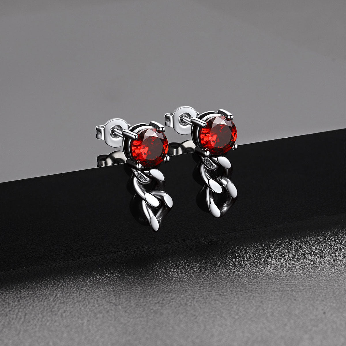 Red Stone Cuban Link Chain Dangle Stud Earrings