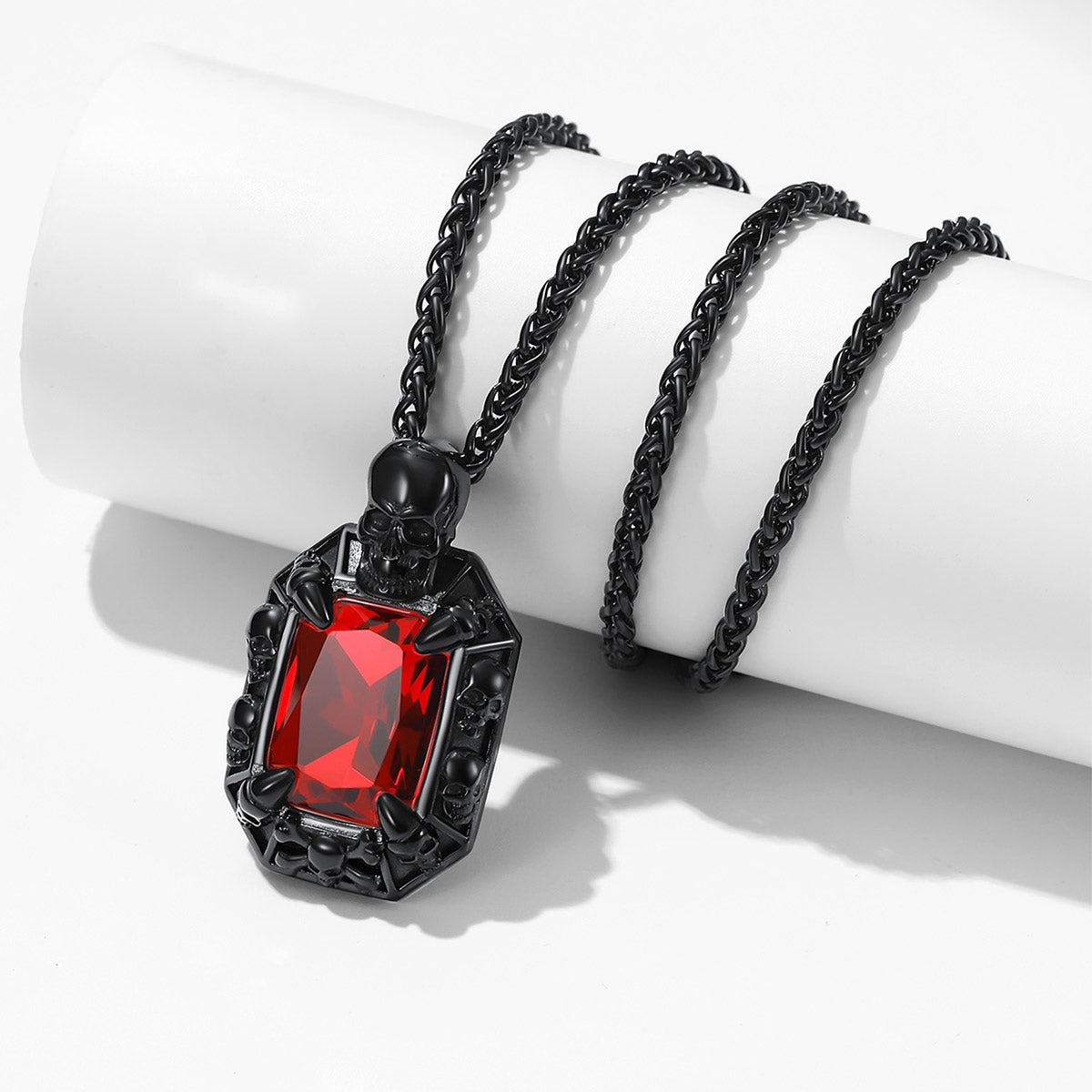 Red Stone Skull Pendant Necklace in Stainless Steel