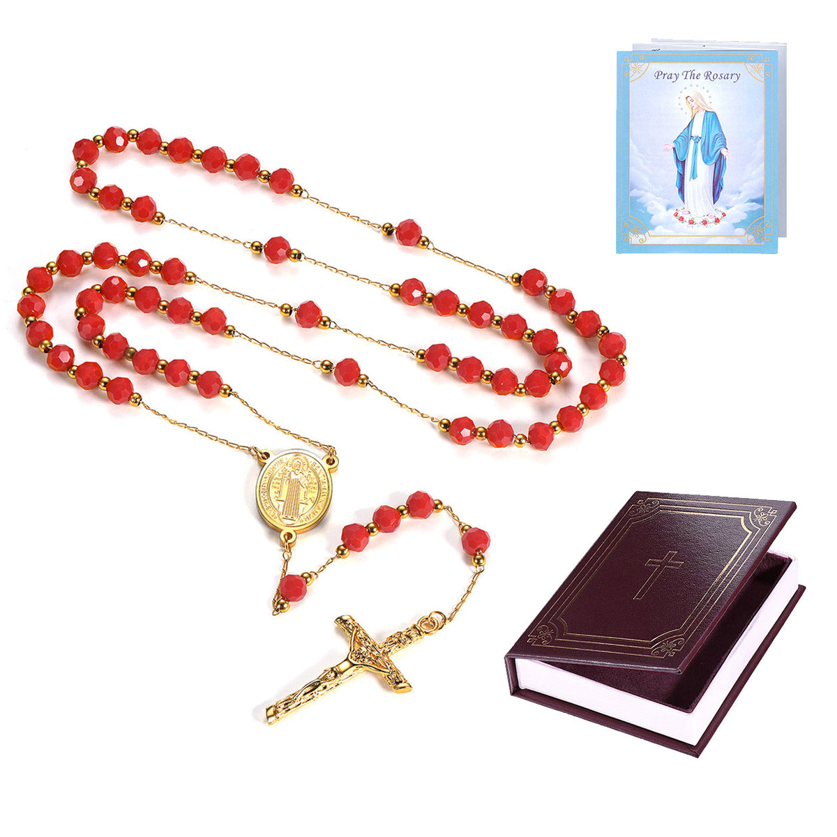 Red beaded rosary with gold chain, gold medal, crucifix, and prayer card, displayed with a dark brown prayer book on a white background.