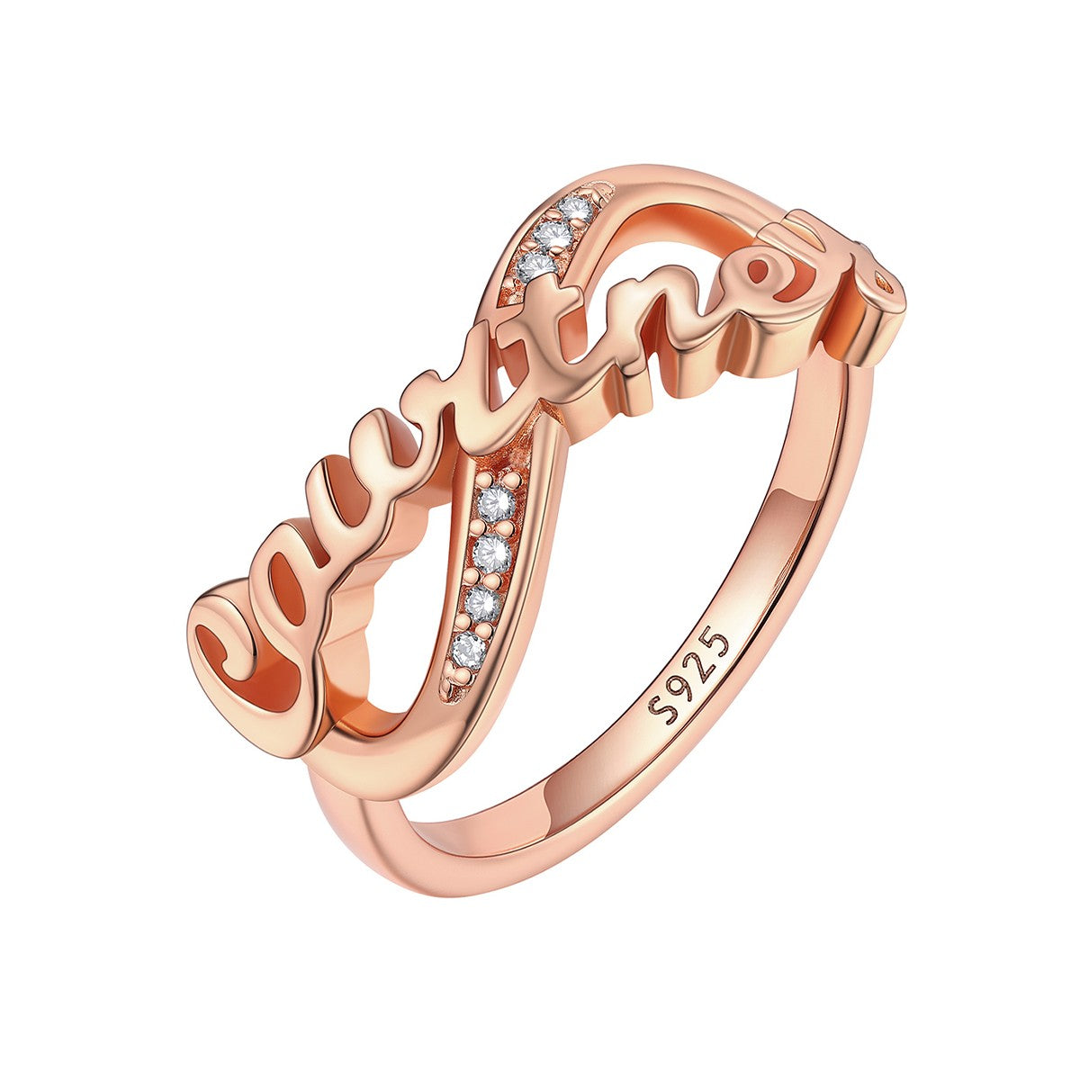 Rose Gold 925 Sterling Silver Custom Name Infinity Promise Ring With Cubic Zirconia on a white background