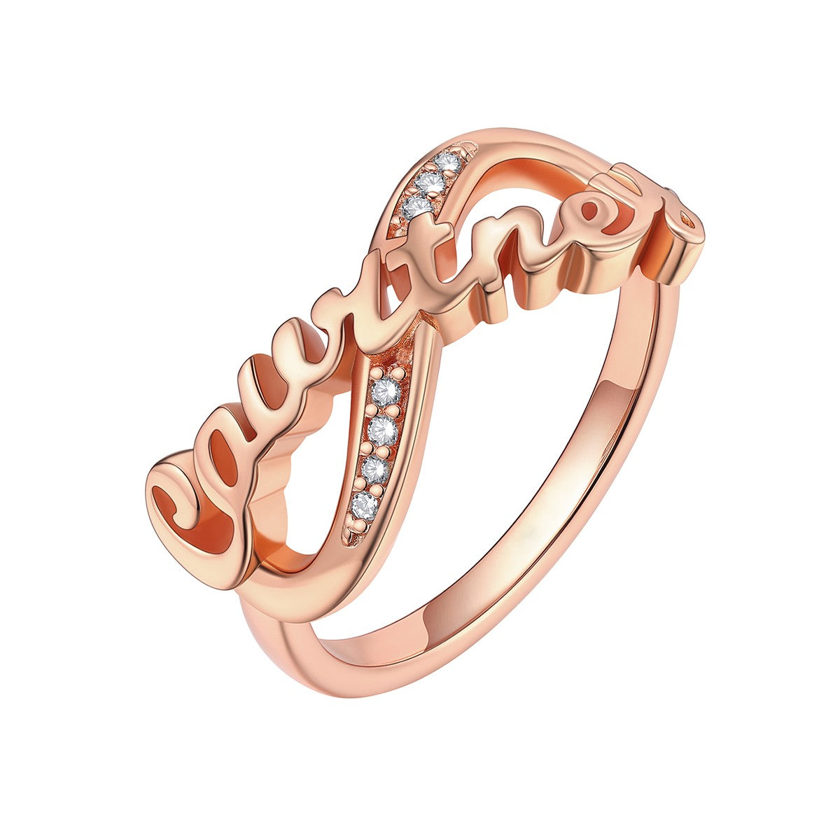 Rose Gold Custom Name Infinity Promise Ring With Cubic Zirconia on a white background