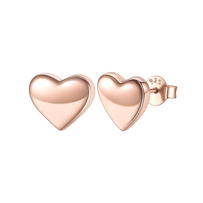 Rose Gold Plated 925 Sterling Silver 10mm Heart Stud Earrings for Women on white background