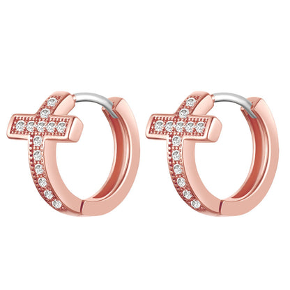Rose Gold Plated Cubic Zirconia Cross Huggie Hoop Earrings