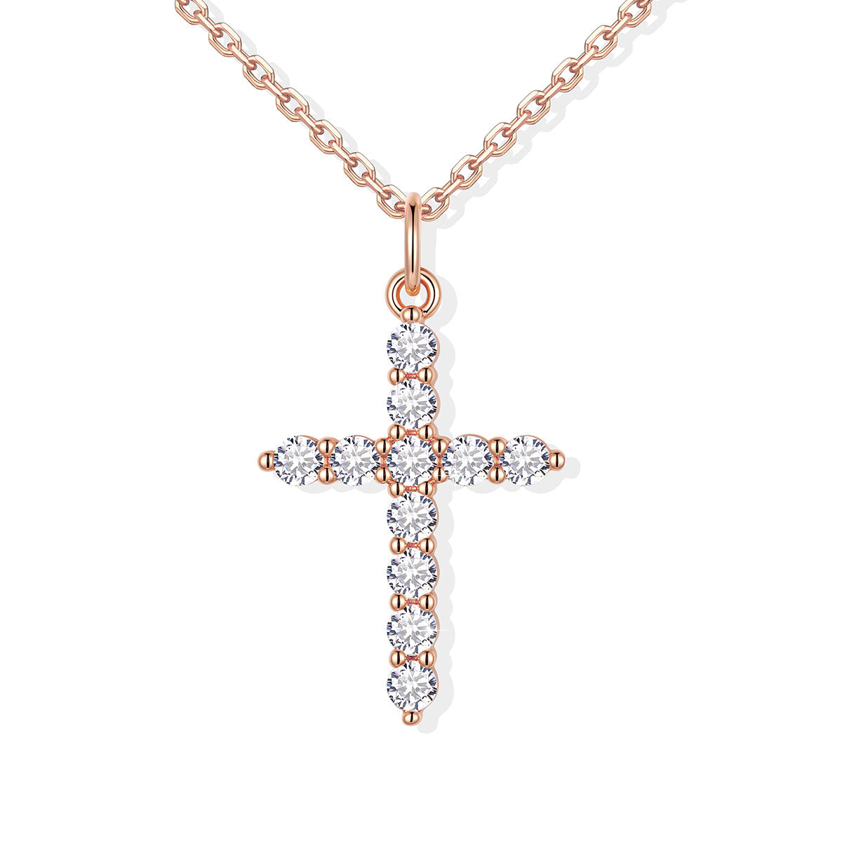 Rose Gold cz cross pendant necklace with diamonds on a white background